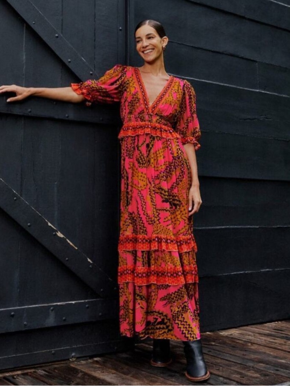 Farm Rio Pink Croco Short Sleeve Maxi Dress XS fall boho